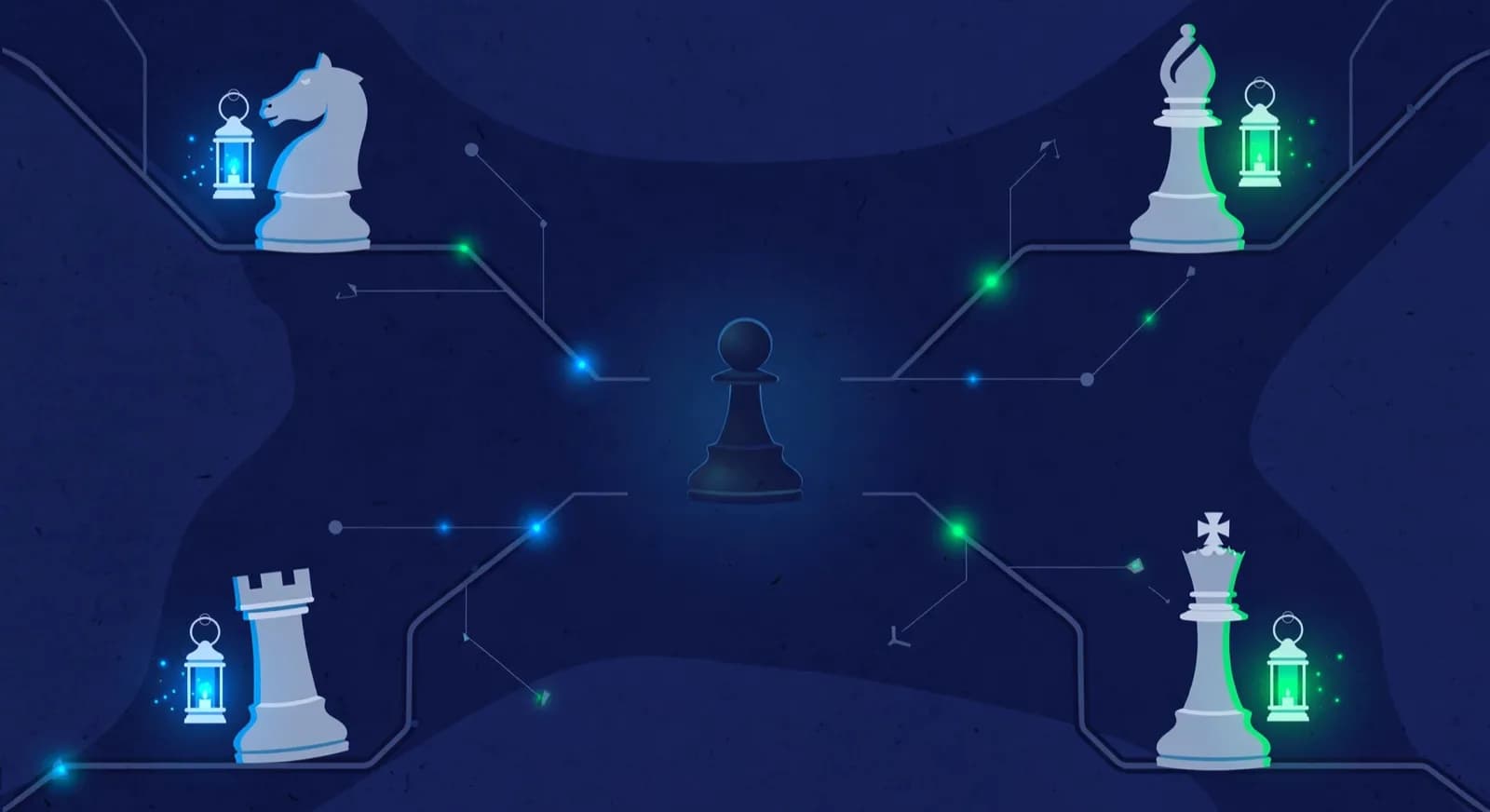 Illustration of chess pieces carrying lanterns down branching paths from a dim center