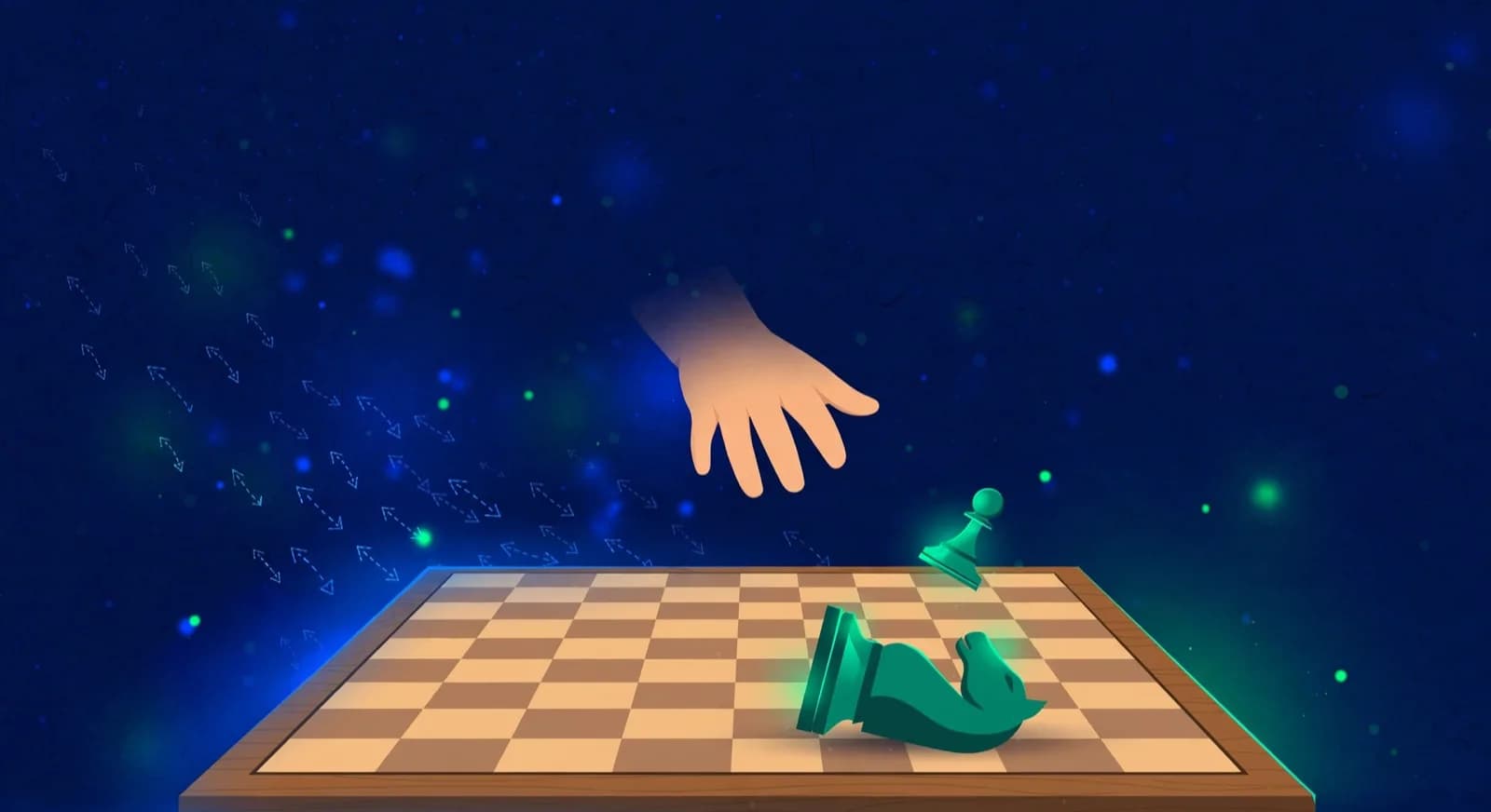 Chess board with a fallen knight marking a large mistake while small arrows fade behind.