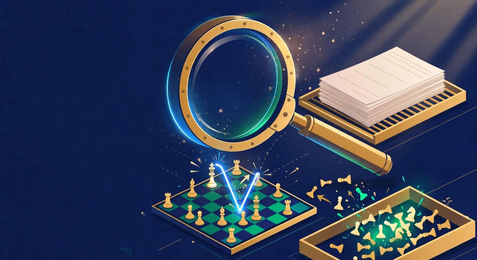 Brass magnifying lens over a small chess board scattering flagged pawn shapes onto a tray beside game sheets.