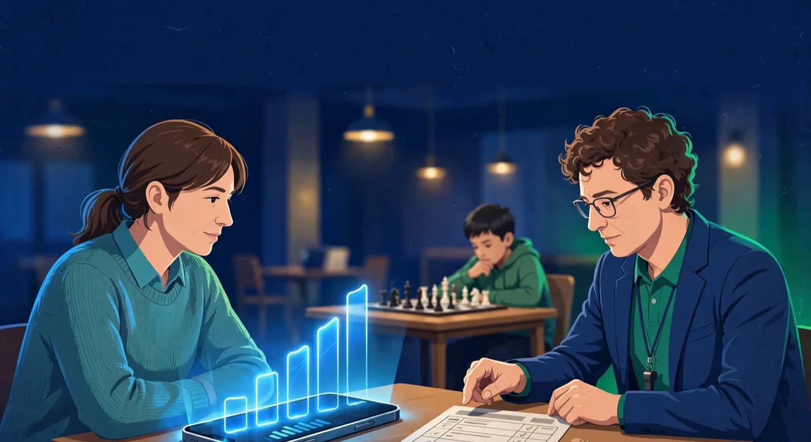 A coach helping a parent compare a high online rating with a modest first FIDE result.