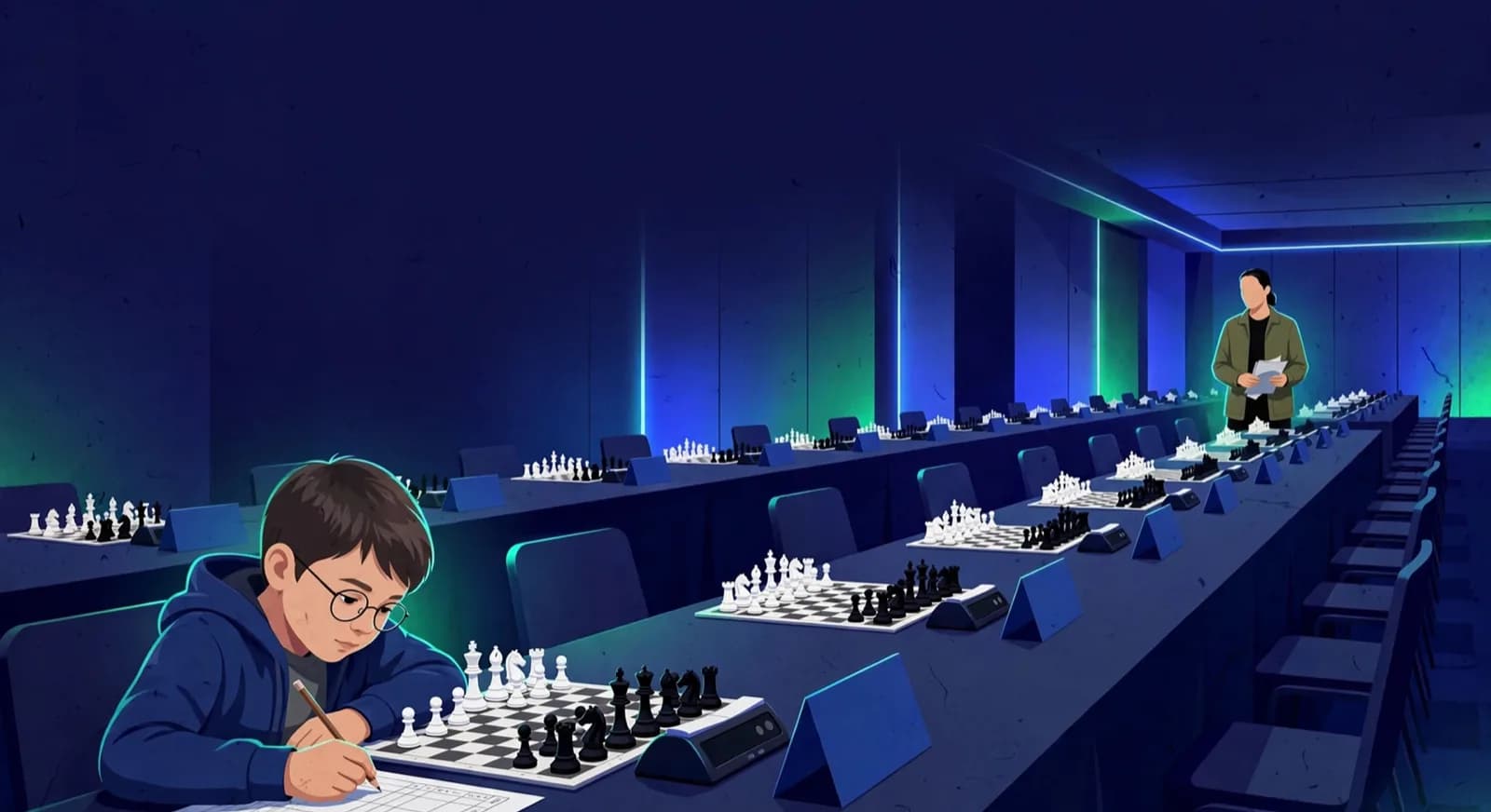 A junior player recording a move on a scoresheet at a FIDE-rated tournament table.