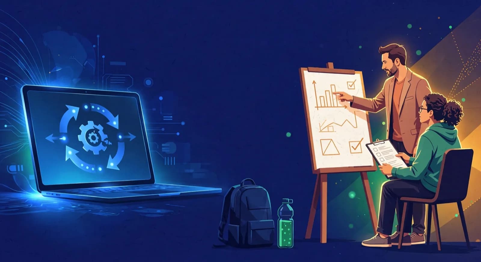 A laptop with engine arrows sits apart from a coach and student at a real board.