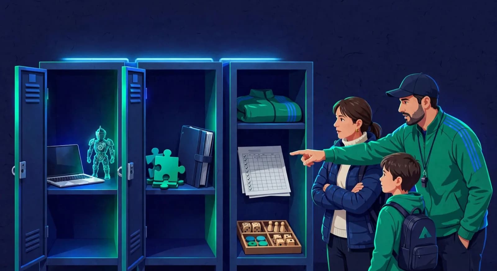 A coach points a family toward the middle of three open lockers holding different practice kits.