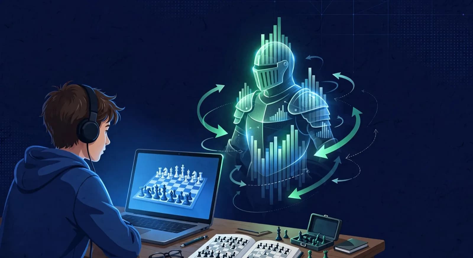 A student studies with a translucent knight-shaped engine coach beside a laptop.