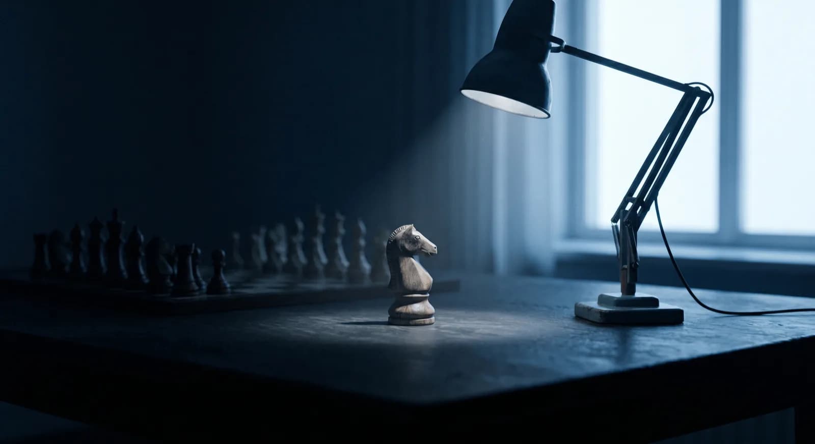 A chess knight under a focused lamp beam with the board fading into shadow