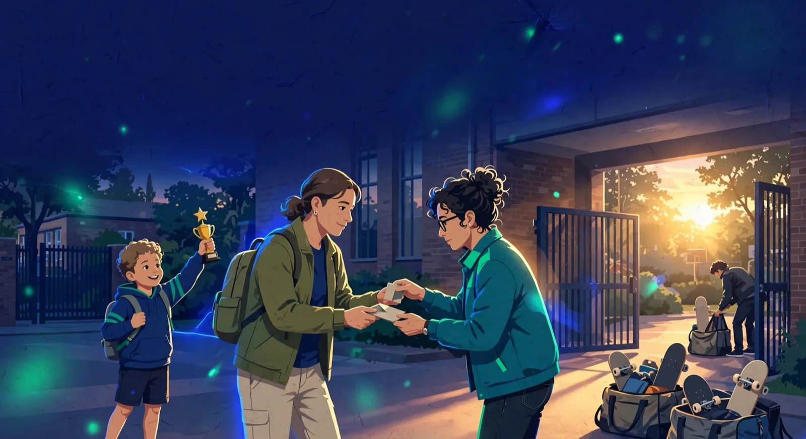 After a tournament, a parent hands a folded trial card to another parent while their child holds a small trophy at the school gate.