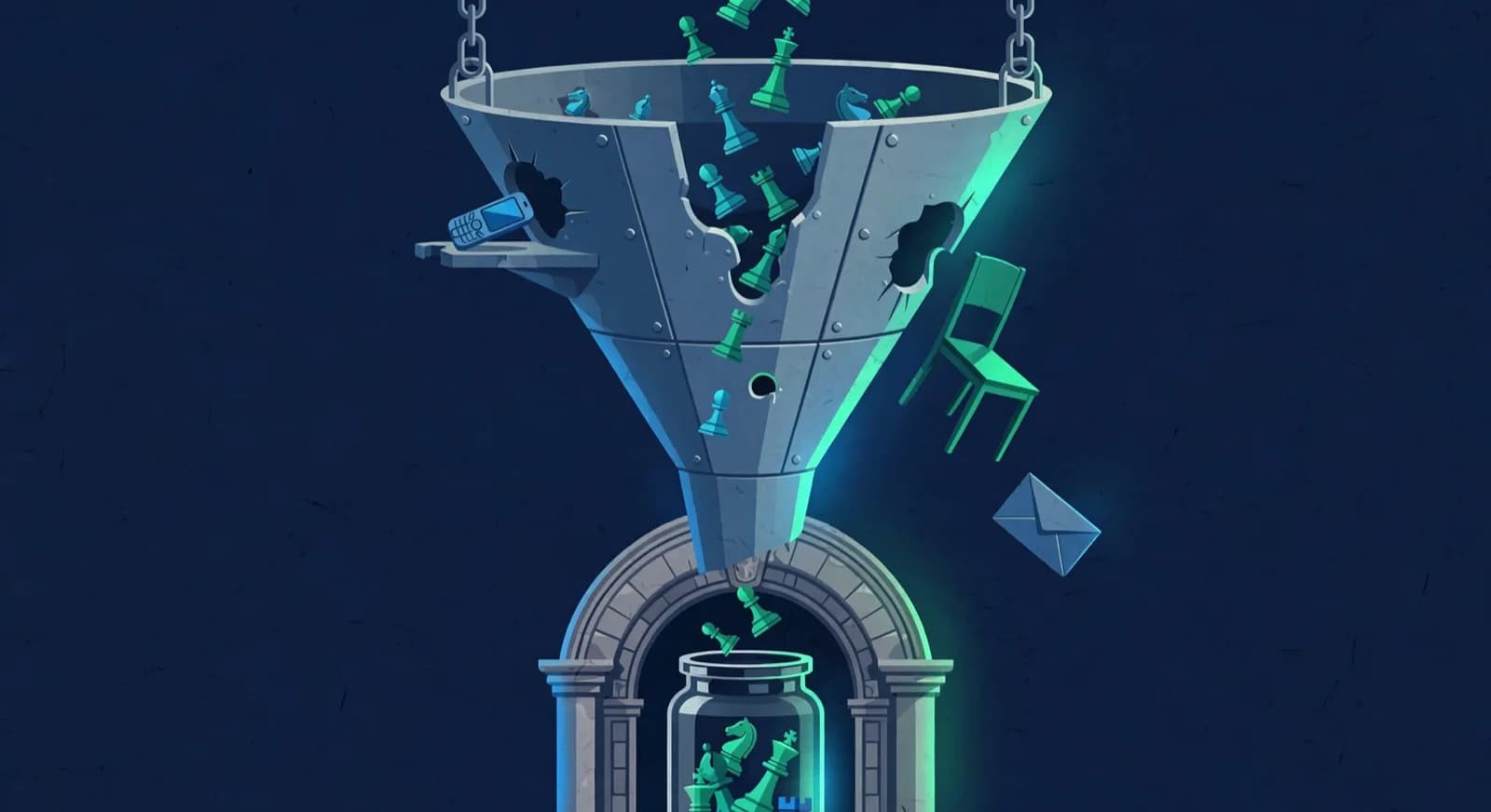 A leaky funnel above an academy door drops many piece-shaped enquiries before a few reach an enrolment jar.