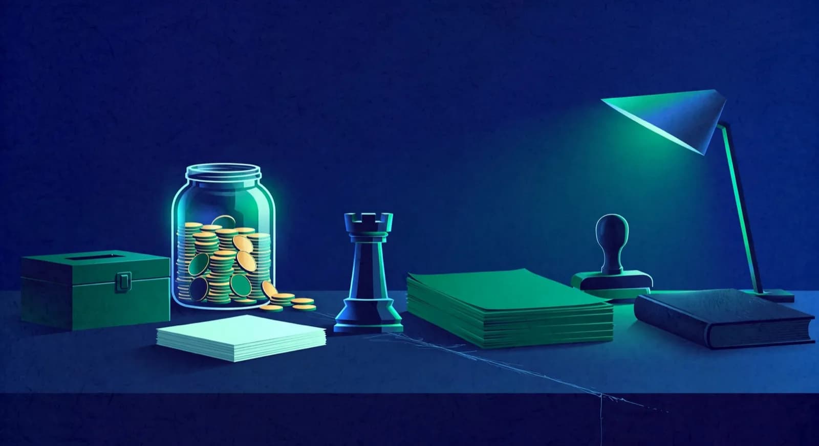 A coin jar fills toward a scratch mark on glass while a rook stands between a cash box and a stamp-and-ledger set.