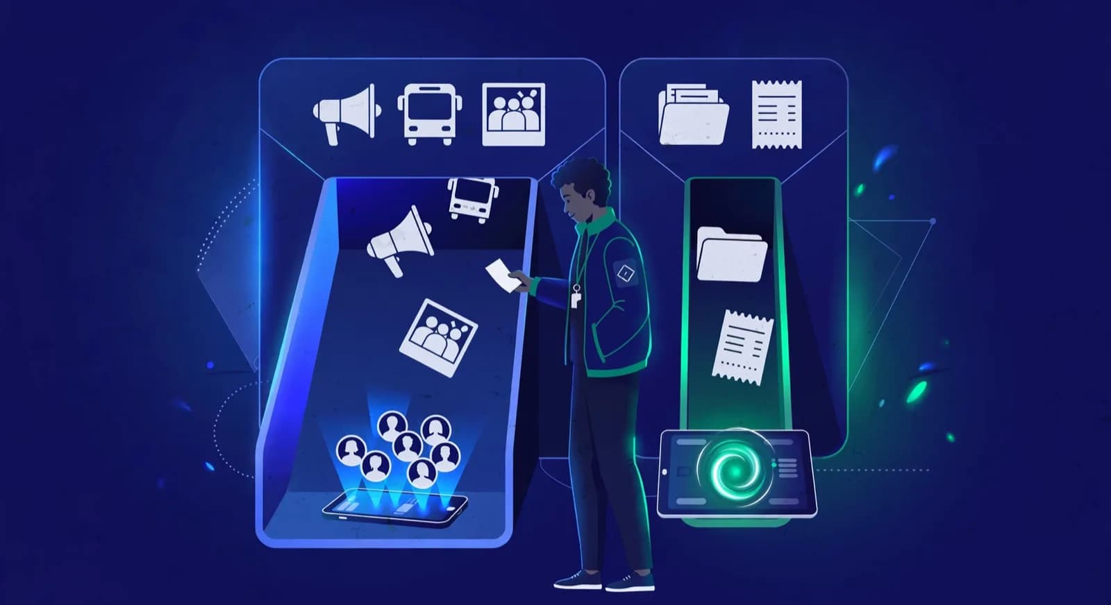 Coach sorting broadcast messages into a group phone and private items into a portal.