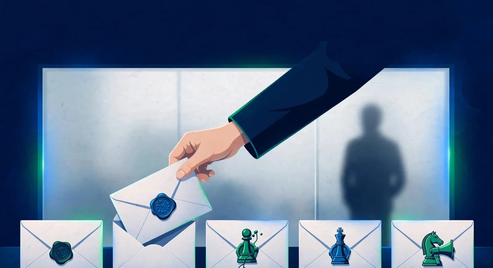 A coach selects one of five wax-sealed envelopes on a private desk while a parent waits behind frosted glass.