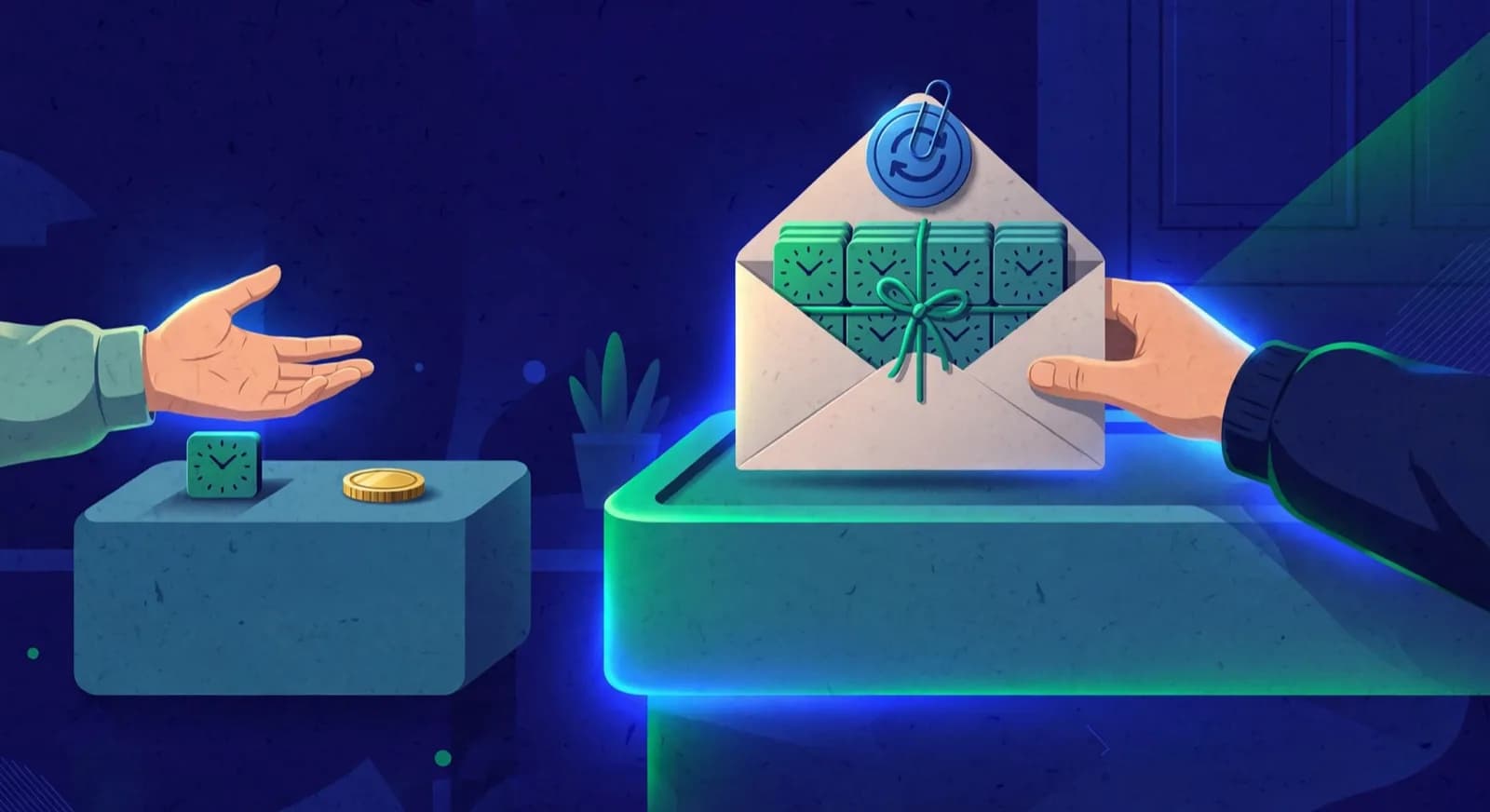 Two checkout counters offer a single loose lesson clock versus a ribbon-tied bundle of clocks in a monthly envelope.