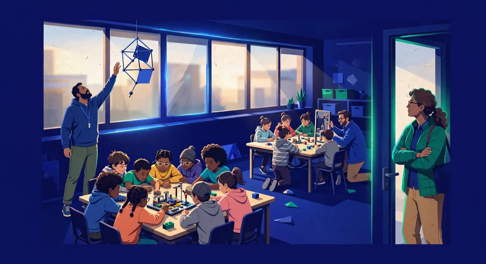 A parent in a doorway compares a crowded eight-child table with a calmer table of five children and a kneeling coach.