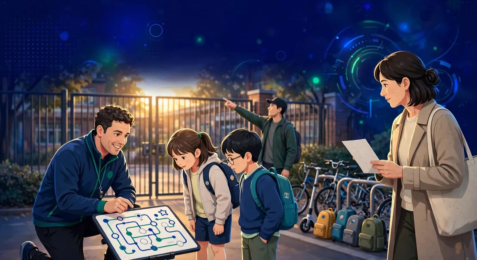 A coach offers a trial mini-game outside a school gate while a parent watches.