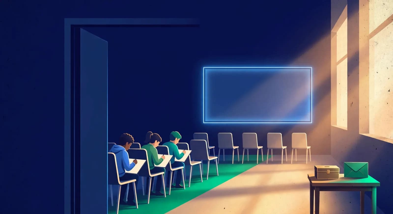 Children occupy the first chairs of a classroom while empty seats sit beyond a painted floor stripe.