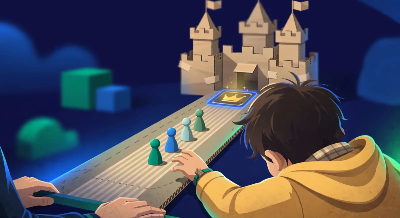 A young child races a few pawns toward a crown square on a stripped board in front of a cardboard castle.