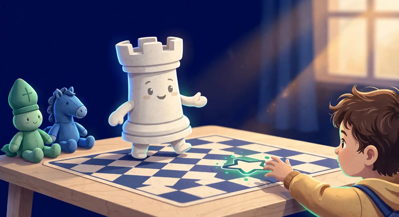 A six year old moves an oversized rook toward a star target while other pieces wait off the board.