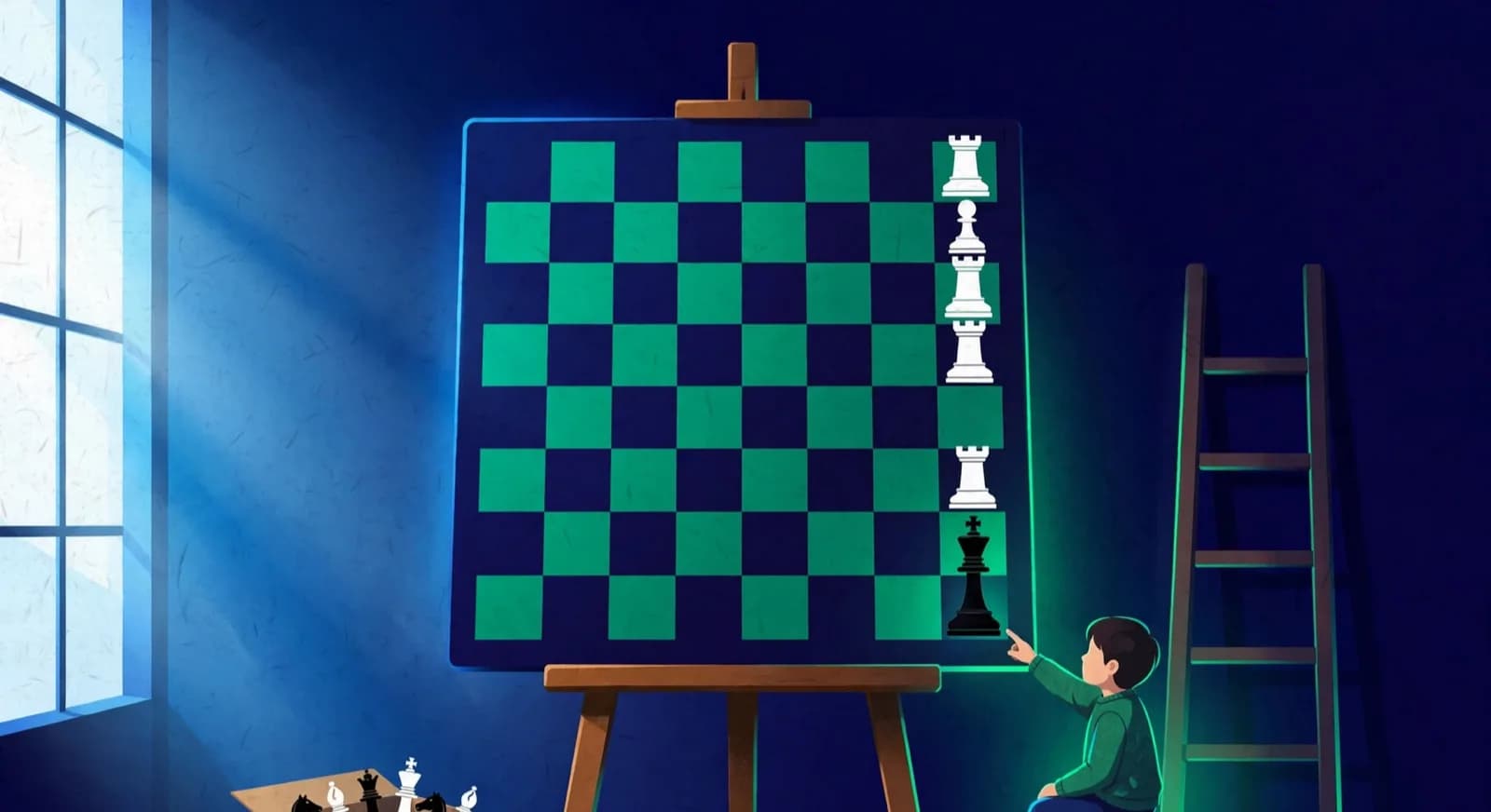A child points at a demo board where two rooks drive a king to the edge in a ladder mate.