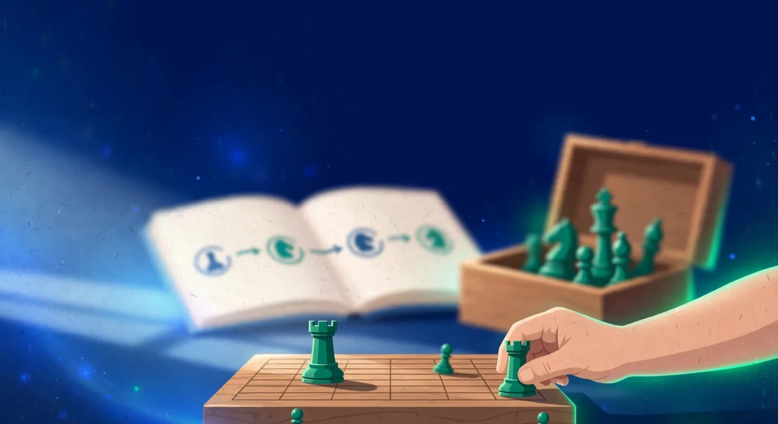 Small board with only a rook and pawns and a child's hand moving the rook while other pieces wait in a box.