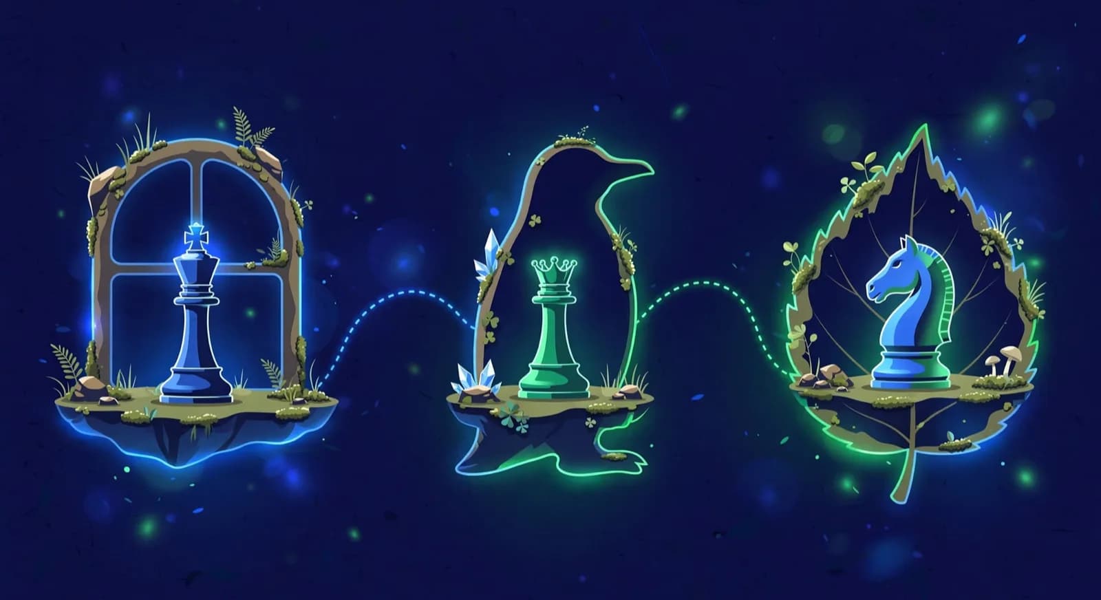 Illustration of three islands representing Windows, Linux, and macOS with chess pieces connected by bridges