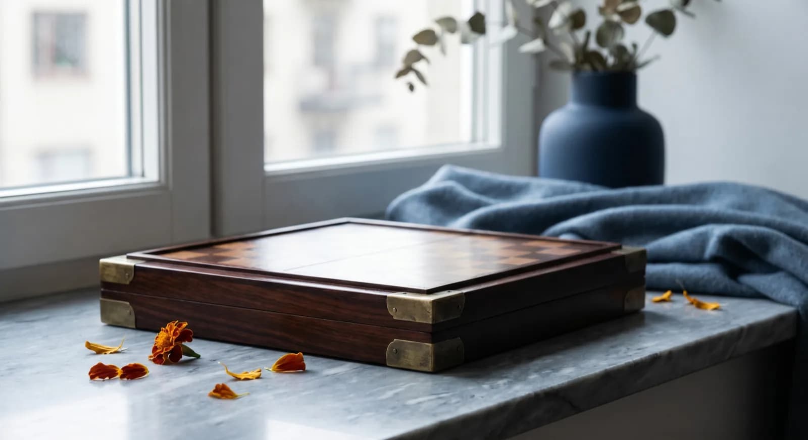 Rosewood chess board with brass corners on a marble windowsill with marigold petals