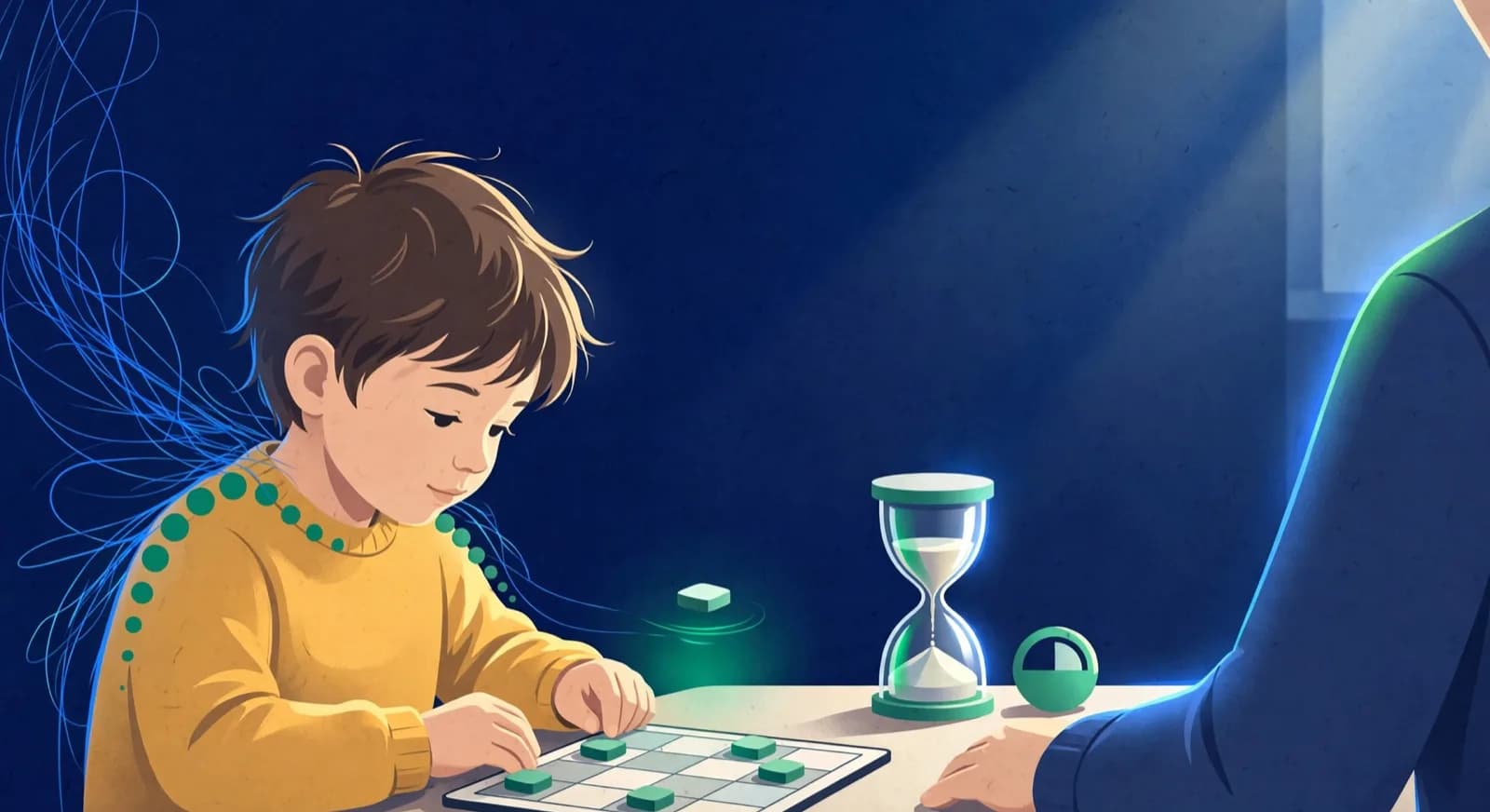 Child channeling restless energy into turn-based chess moves beside a focus hourglass.