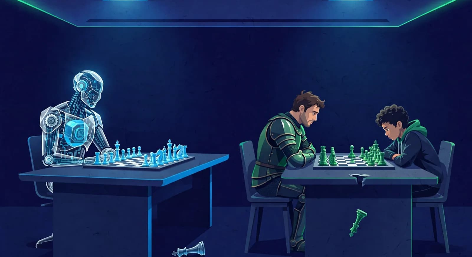 A student faces a humanlike knight opponent while a glass engine at another table drops an unnatural blunder.