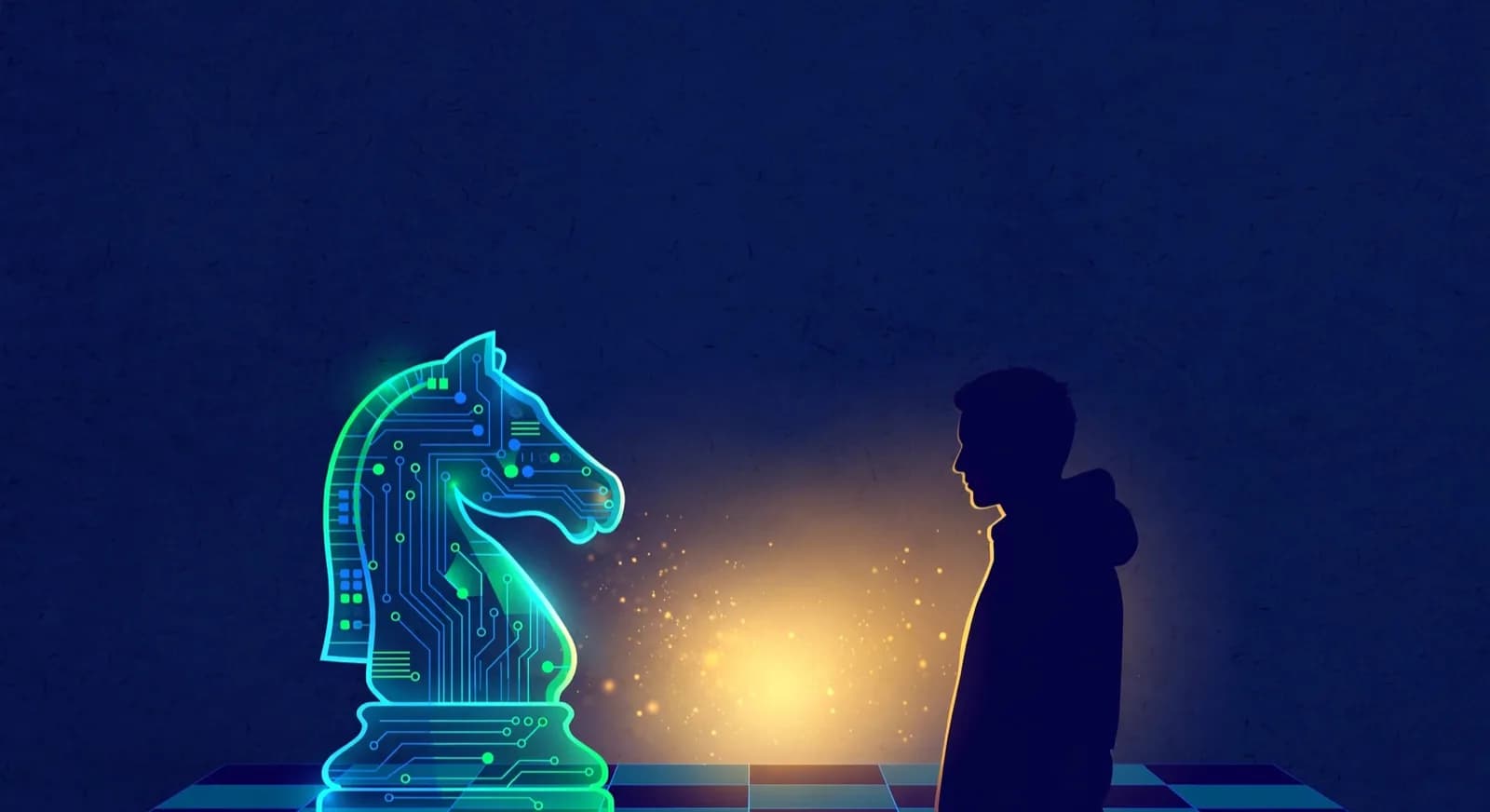 Illustration of a glowing humanlike chess knight facing a human silhouette across a board