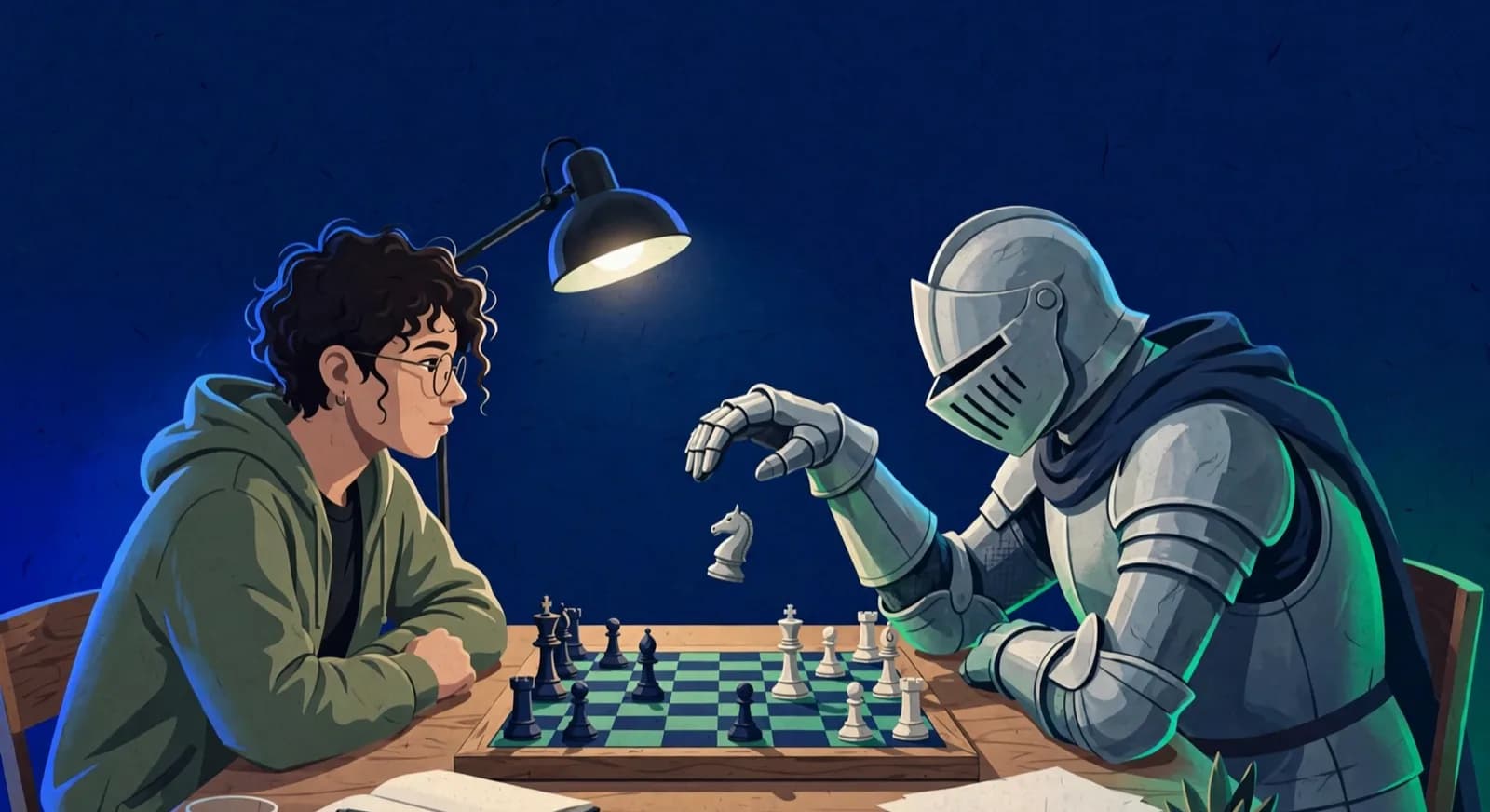 A student plays at a home desk against a slouched humanlike knight that has just left a piece hanging.