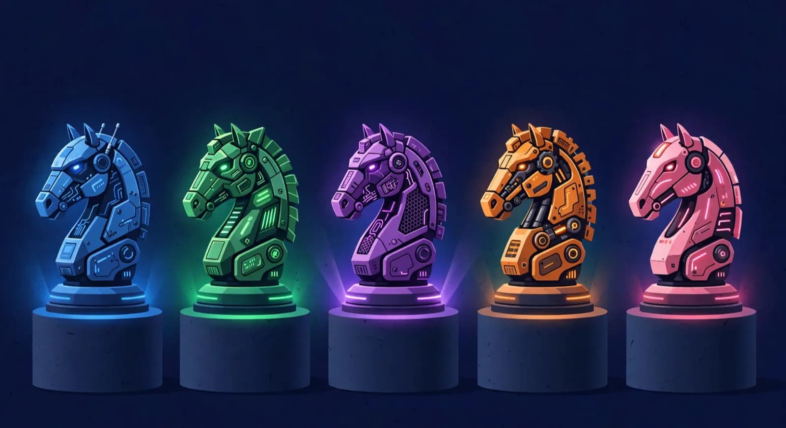 Illustration of five robot styled chess knights on pedestals, each with a different glow