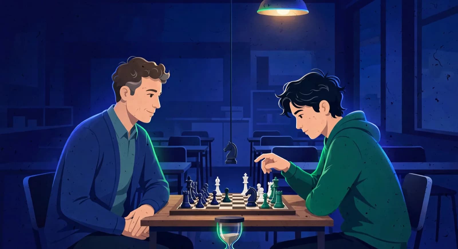 A coach sits with folded hands while a student studies a position one move before a hanging piece, with a sand timer in front.