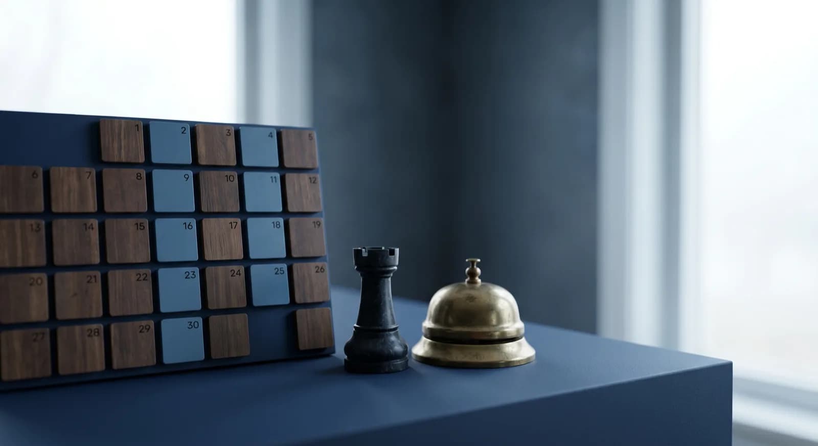 Wooden tile calendar grid beside a chess rook and a brass desk bell