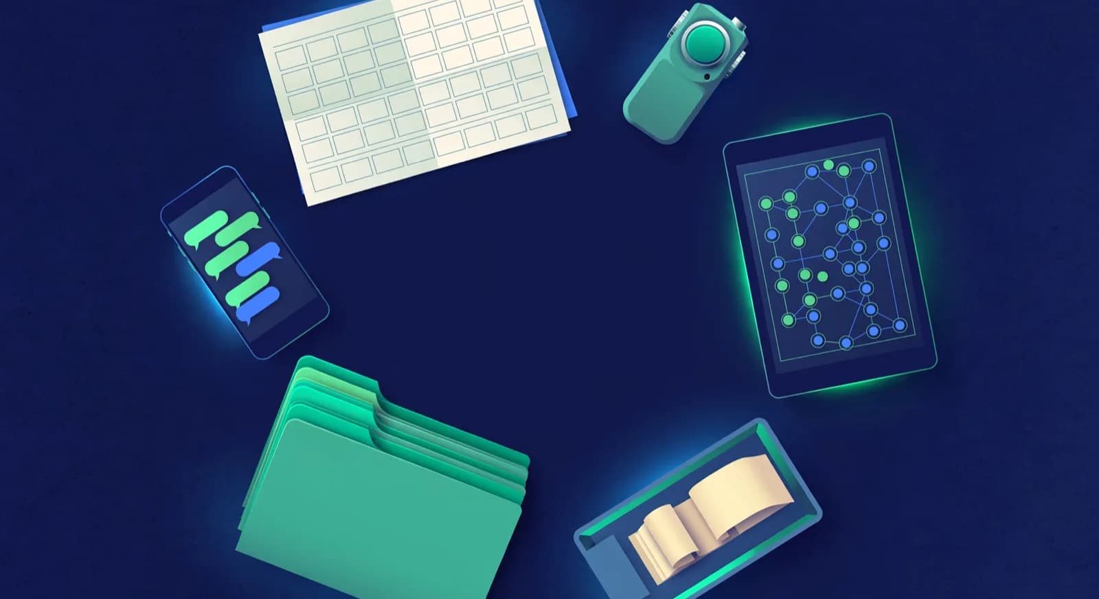 A top-down ops desk arranges timetable, attendance, game review, fee receipts, reports, and a parent phone in a loop.