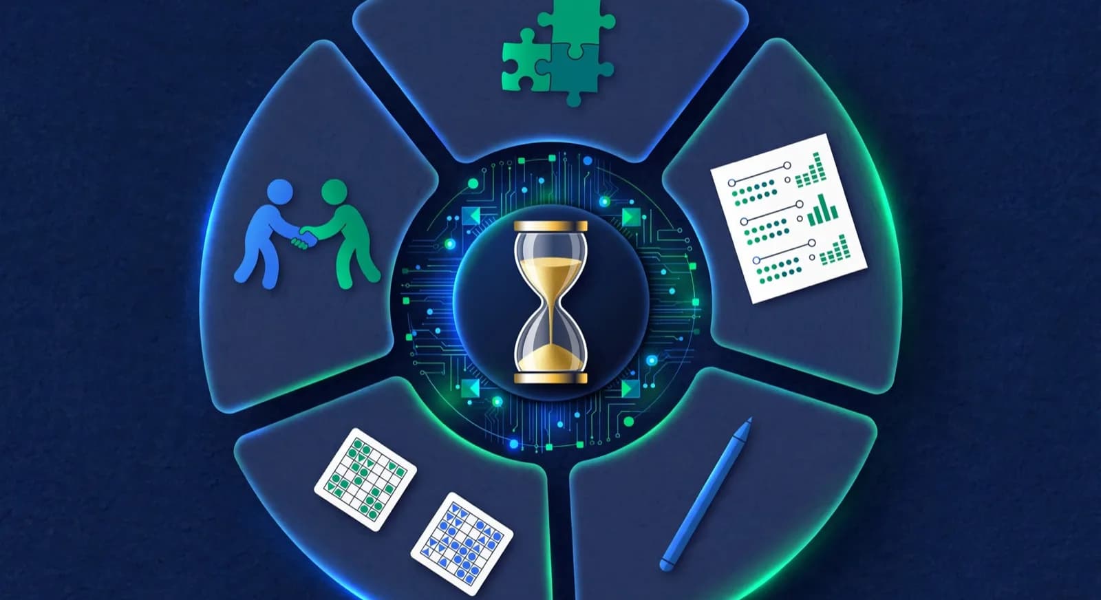An overhead round table shows five session wedges around a central board and a sand timer.