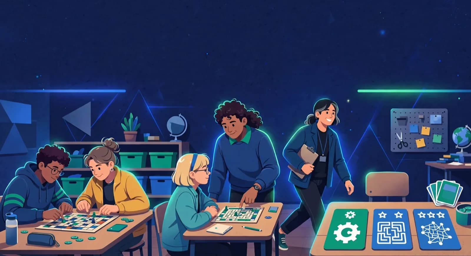 A mixed-level club room using strength pairing, a buddy pair, and tiered puzzles.