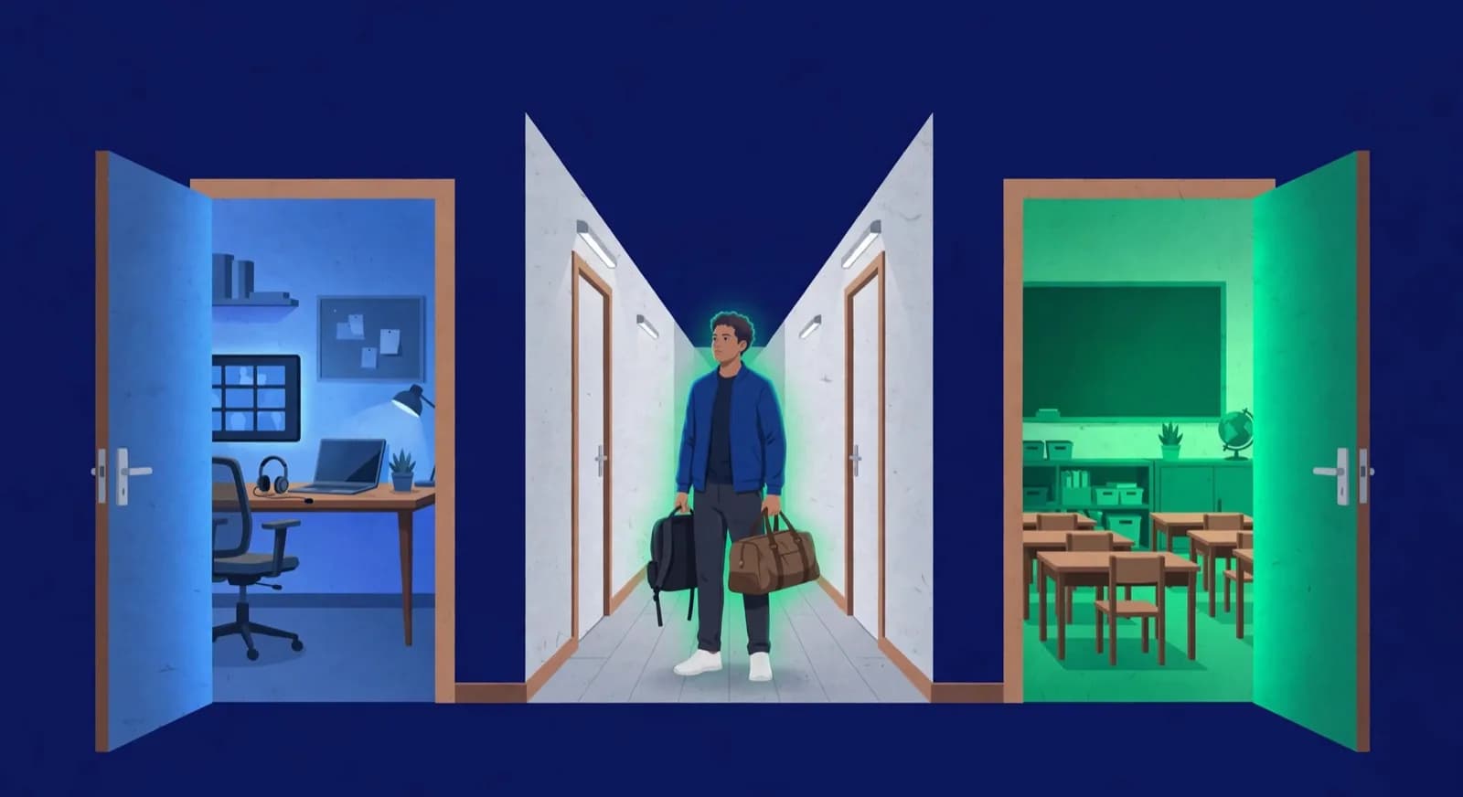 A coach stands between an online home-office door and a local classroom door.