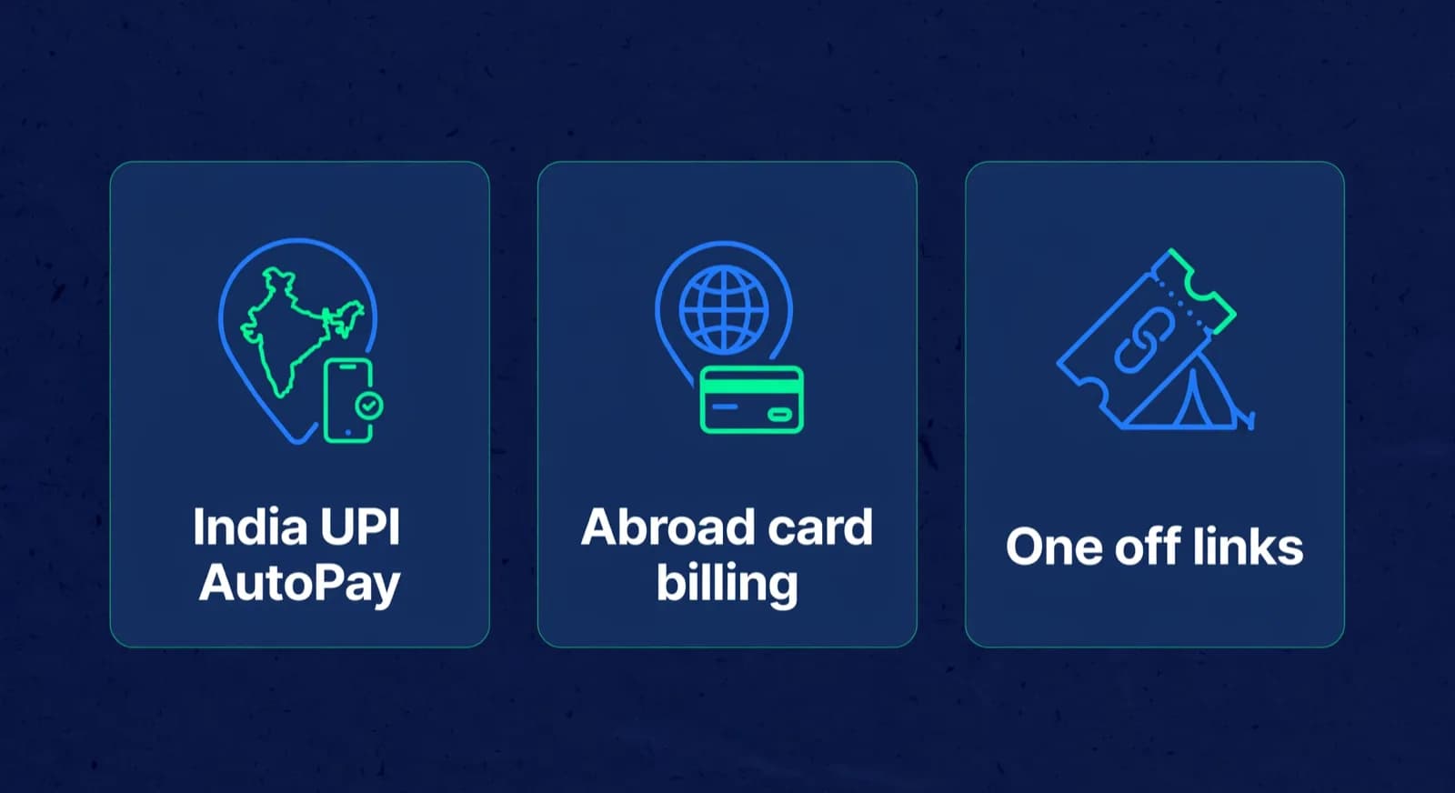 Three cards show India UPI AutoPay, abroad card subscriptions, and one off payment links for camps.