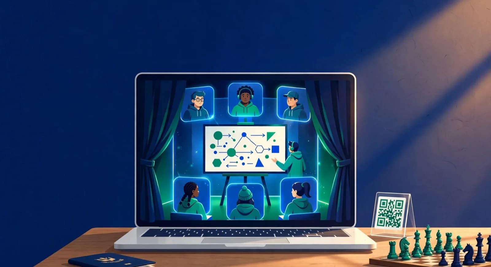 An open laptop shows a small online batch around a shared board beside a passport and payment stand.