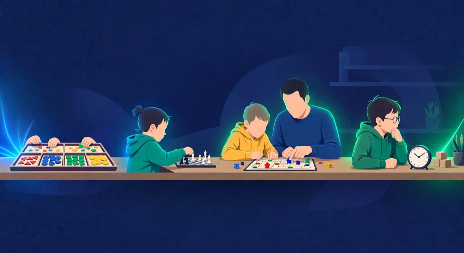 Four stages of children learning chess from piece play to a full timed game.