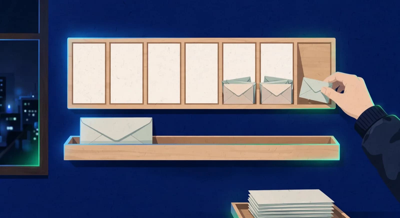A coach places one evening envelope on a weekly board that holds only a few messages.