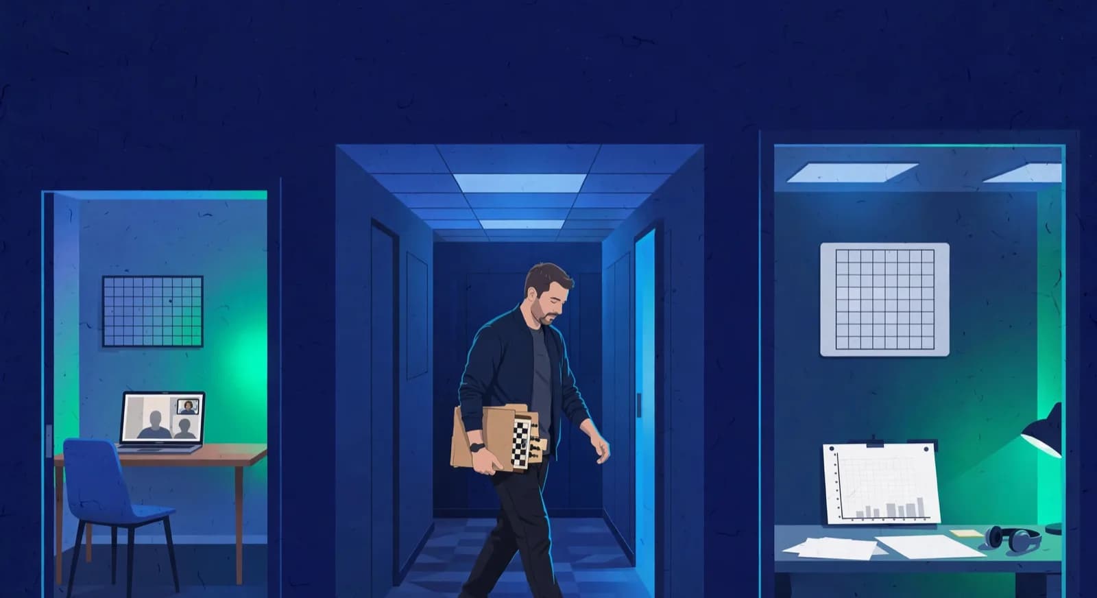 A coach carries a game folder down a corridor from a video-class room toward a separate board and engine desk.