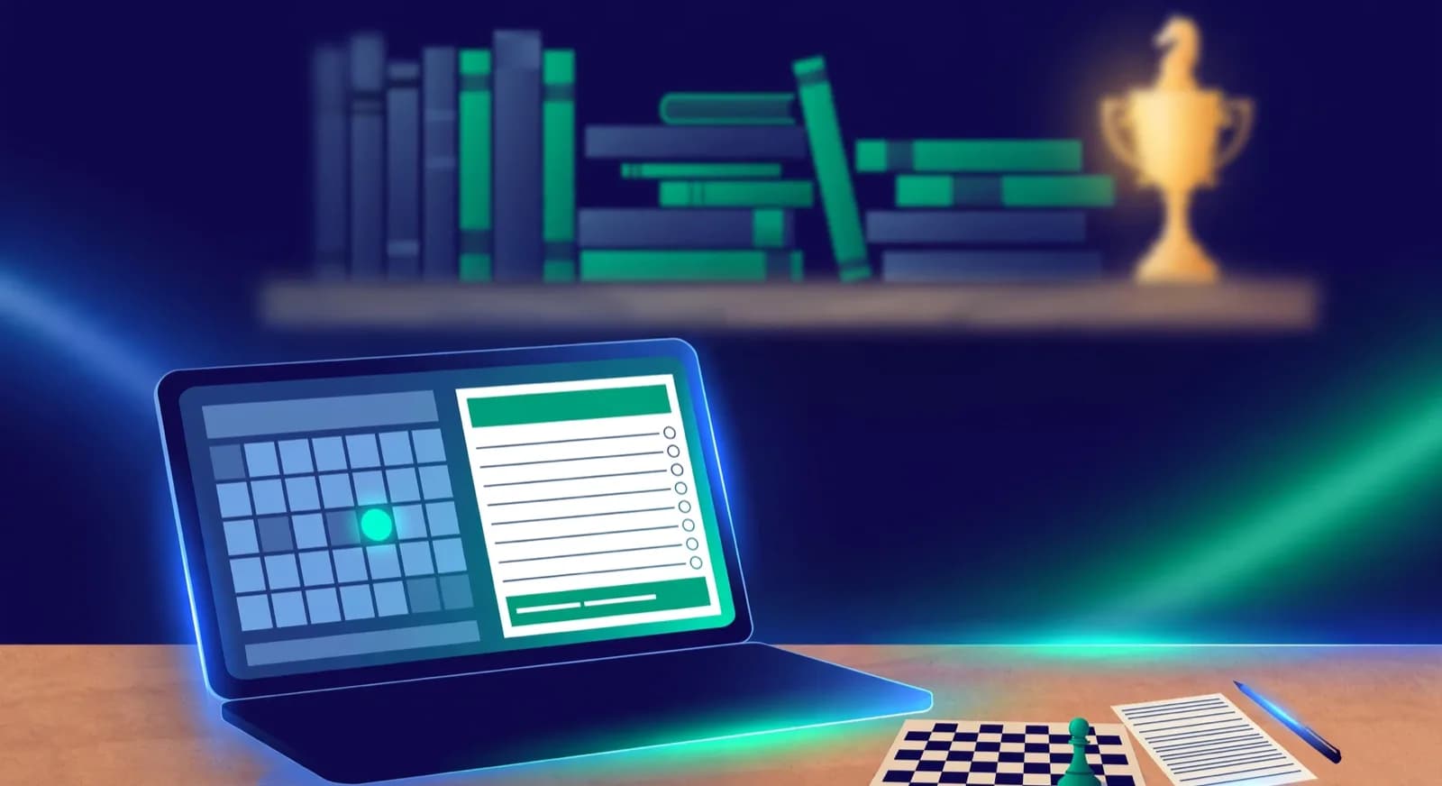 Laptop with generic tutor dashboard beside a small chess board and scoresheet sitting outside the screen.