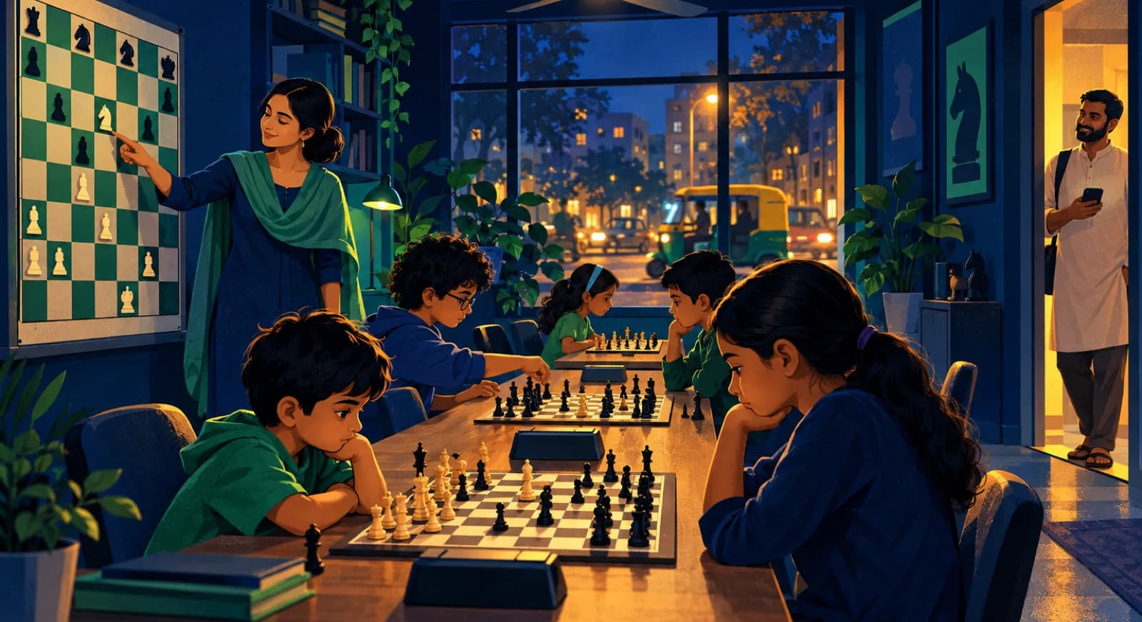 Illustration of an evening chess class at a neighbourhood academy in an Indian city, with a coach at a wall demonstration board and a parent waiting at the door.