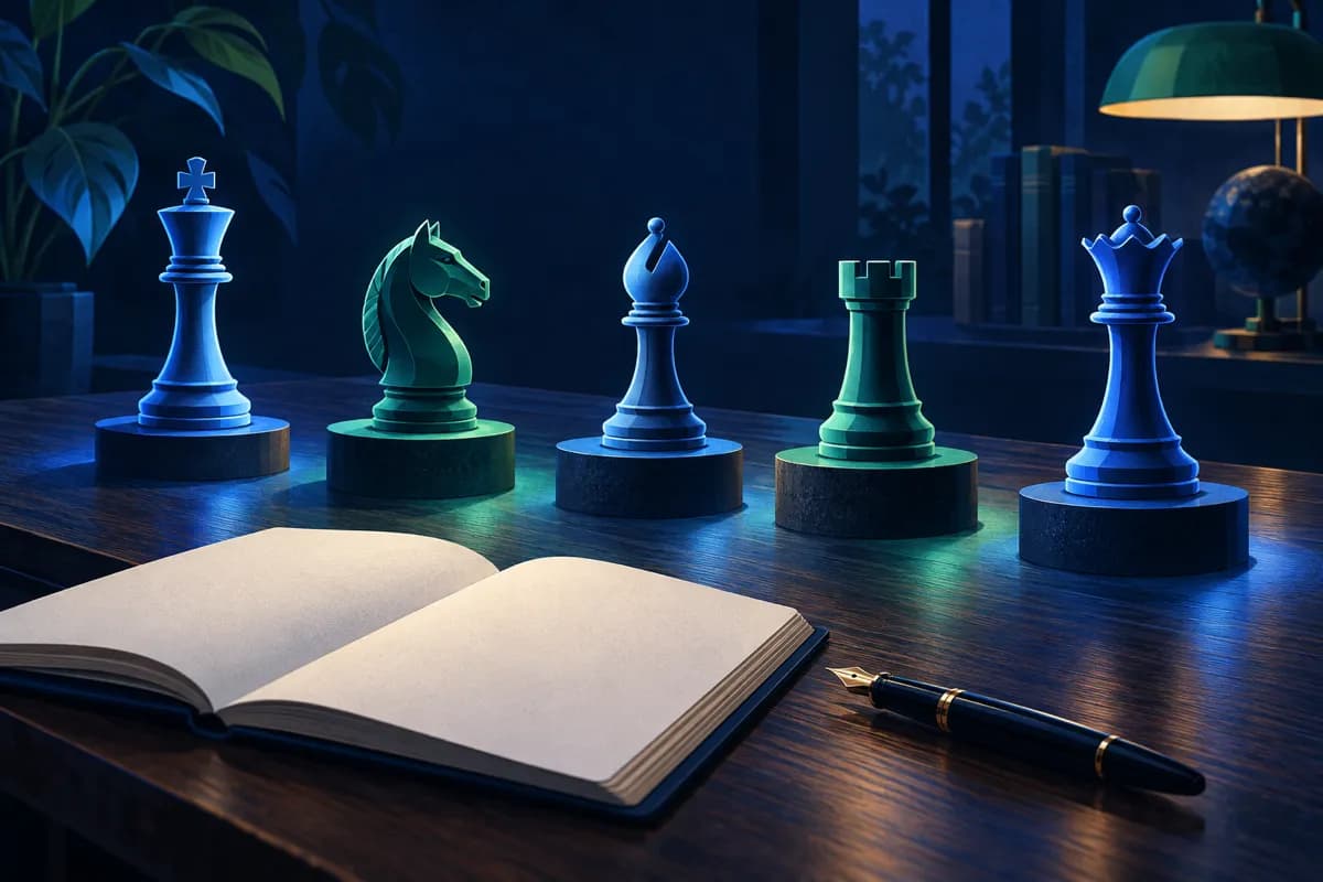 Five different chess pieces stand apart on lit plinths beside an open notebook, as if weighed one by one.