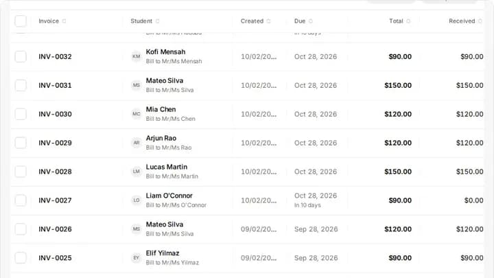 The Invoices table in the ChessCore demo academy: invoice numbers, students, due dates, totals and amounts received in US dollars