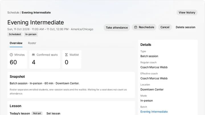 A batch session page in the ChessCore demo academy: Evening Intermediate with its coach, location, start and end time, seats and waitlist