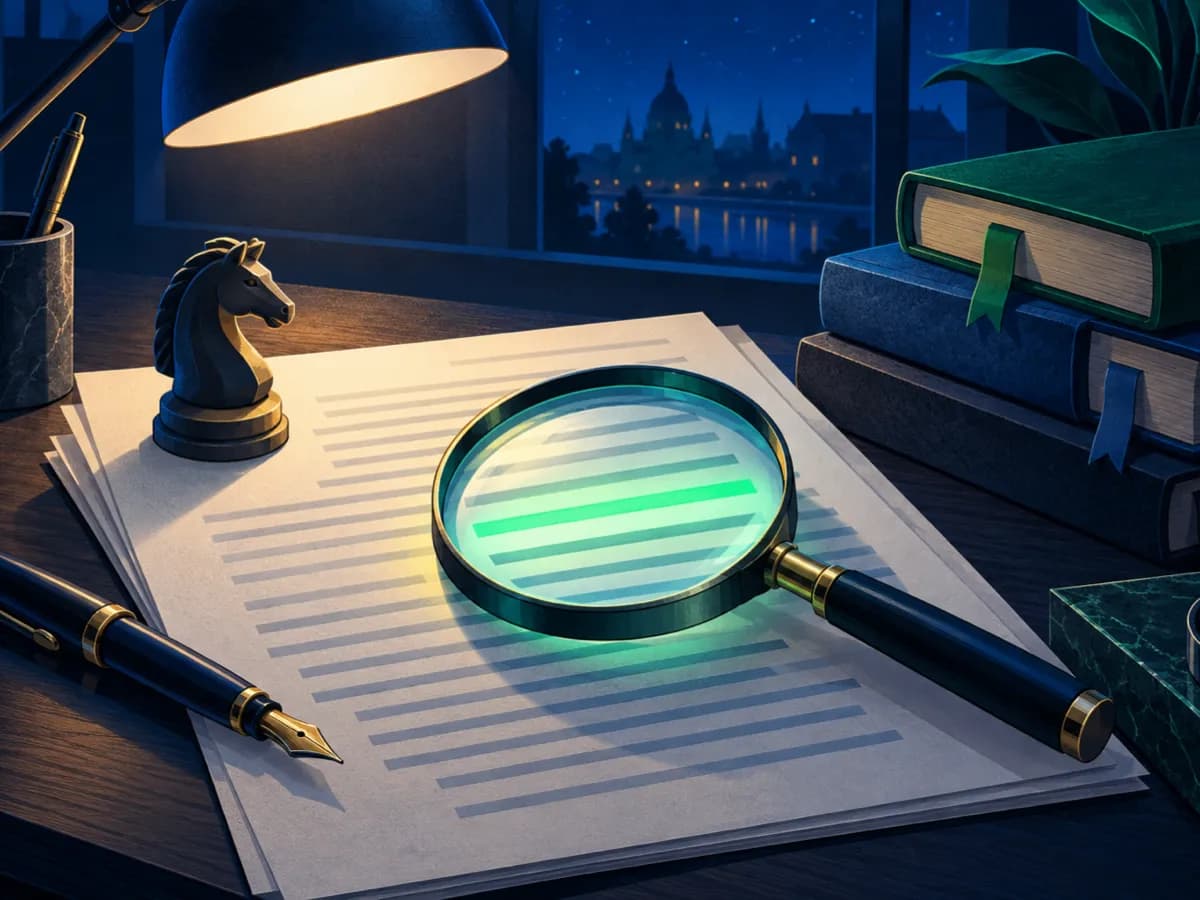 Illustration of a typed manuscript under a magnifying glass on a lamplit desk, one checked line glowing green