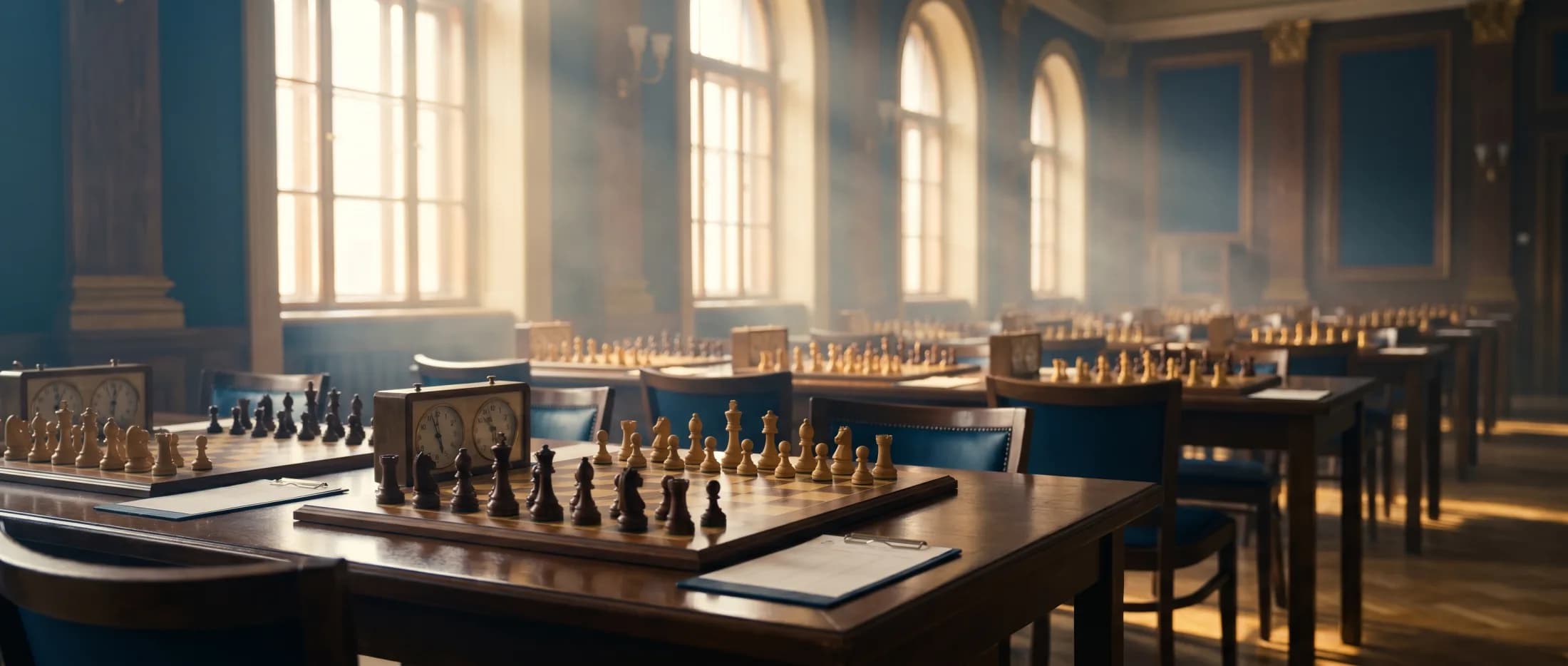 Rows of chess boards and clocks set up in a sunlit tournament hall before a youth event