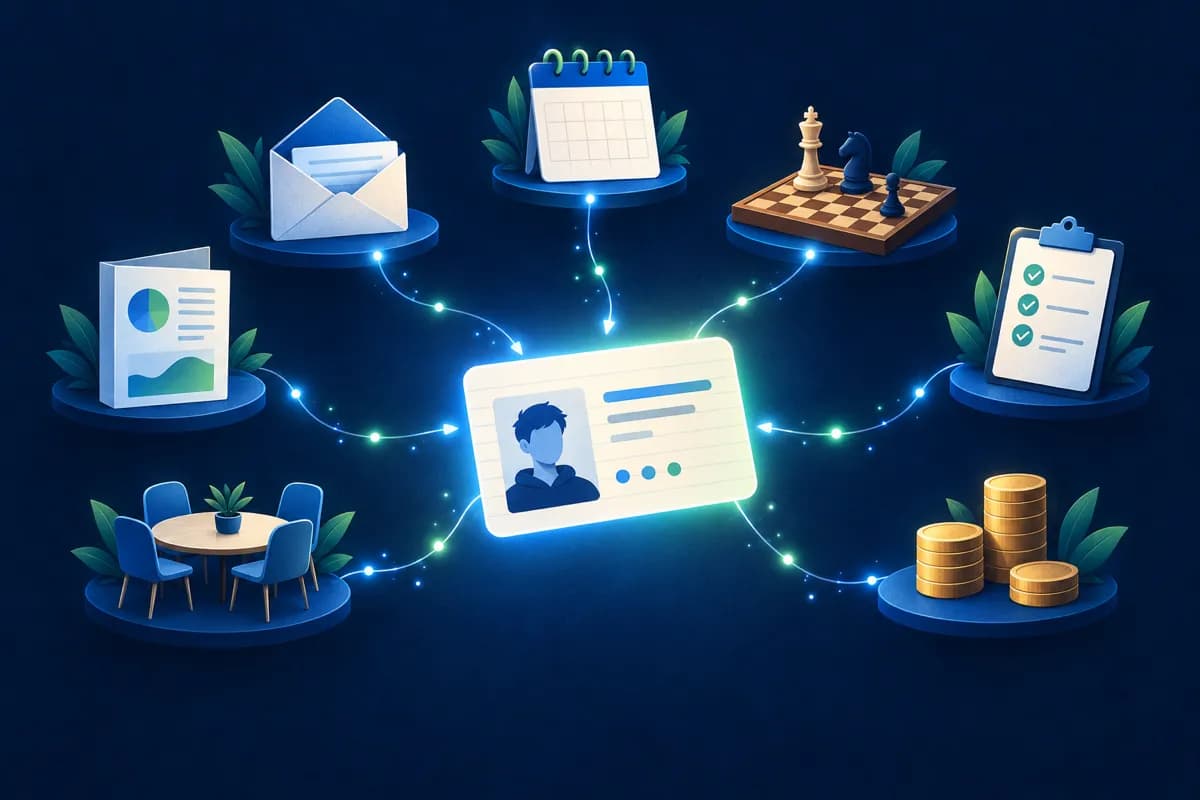 Illustration of one glowing student card at the centre, connected by threads of light to an envelope, a calendar, a chess board, a checklist, coins, a report and a classroom table.
