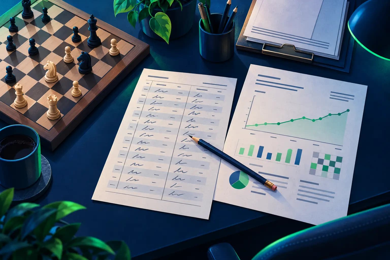 A printed chess score sheet and a student progress report on a coaching desk beside a chessboard and a pencil.