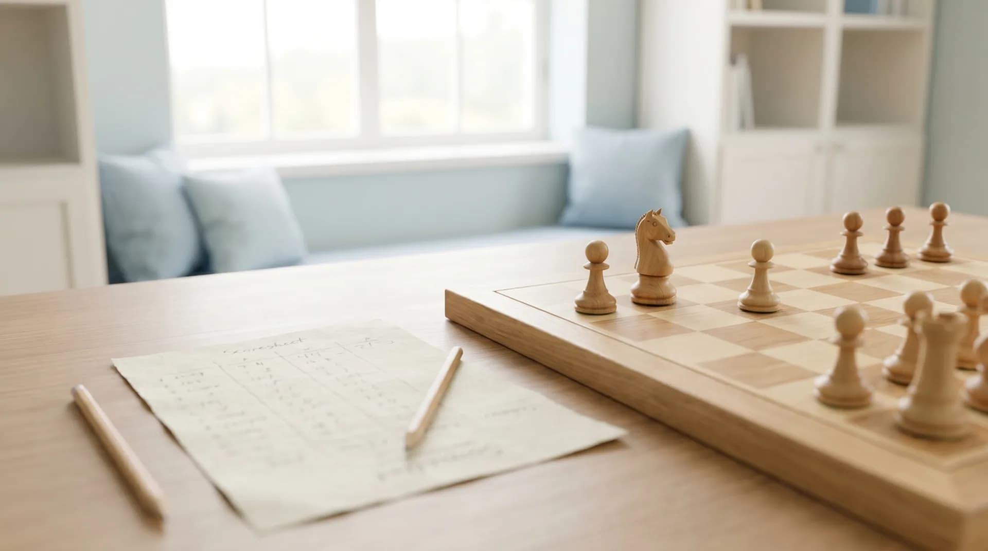 A chess lesson table with a board, scoresheet, and pencil in a bright classroom